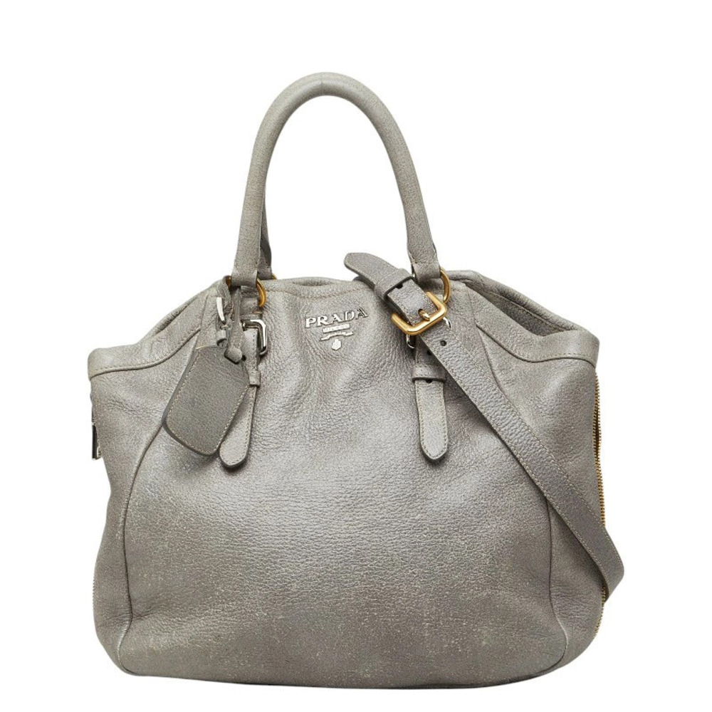 Prada Tote Tessuto Saffiano Bag Shoulder Silver Gray Leather